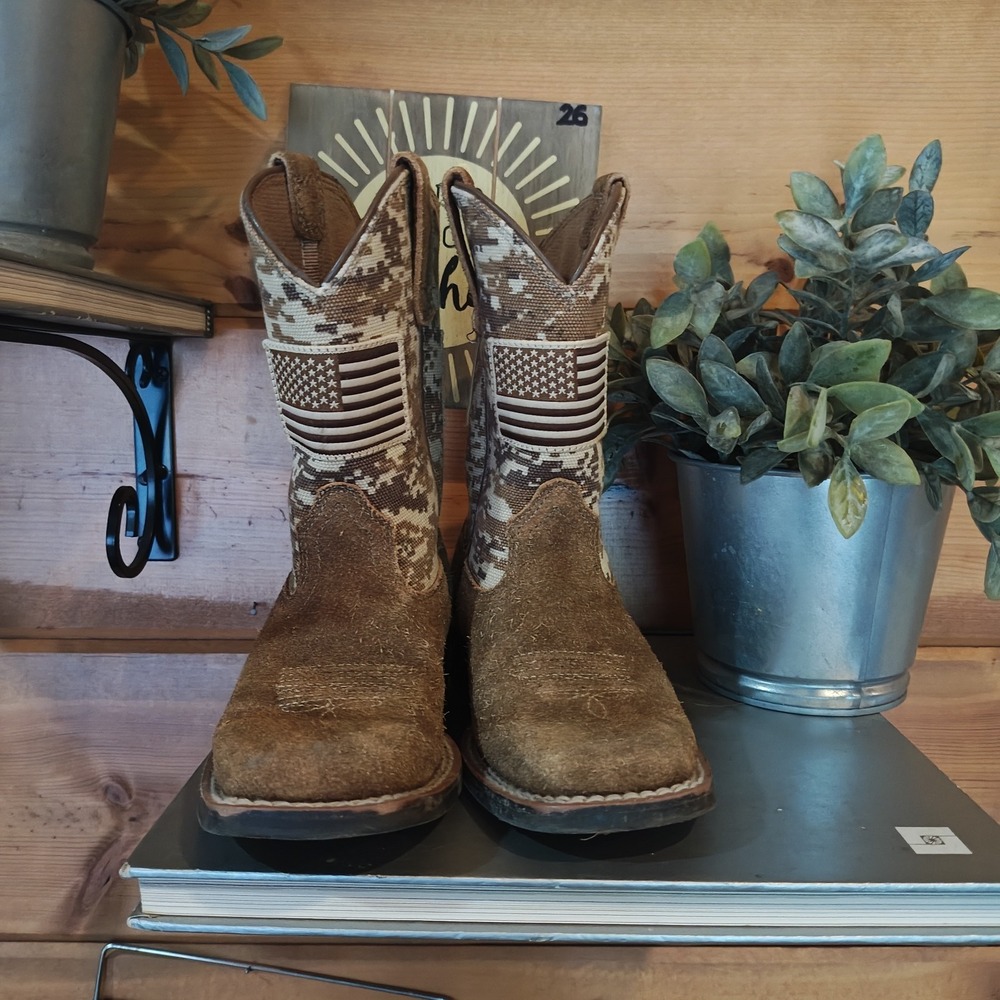 Ariat Cowboy Boots Kids Size 9 Brown Leather Western Flag Wiggle Room Fit System - Picture 3 of 8